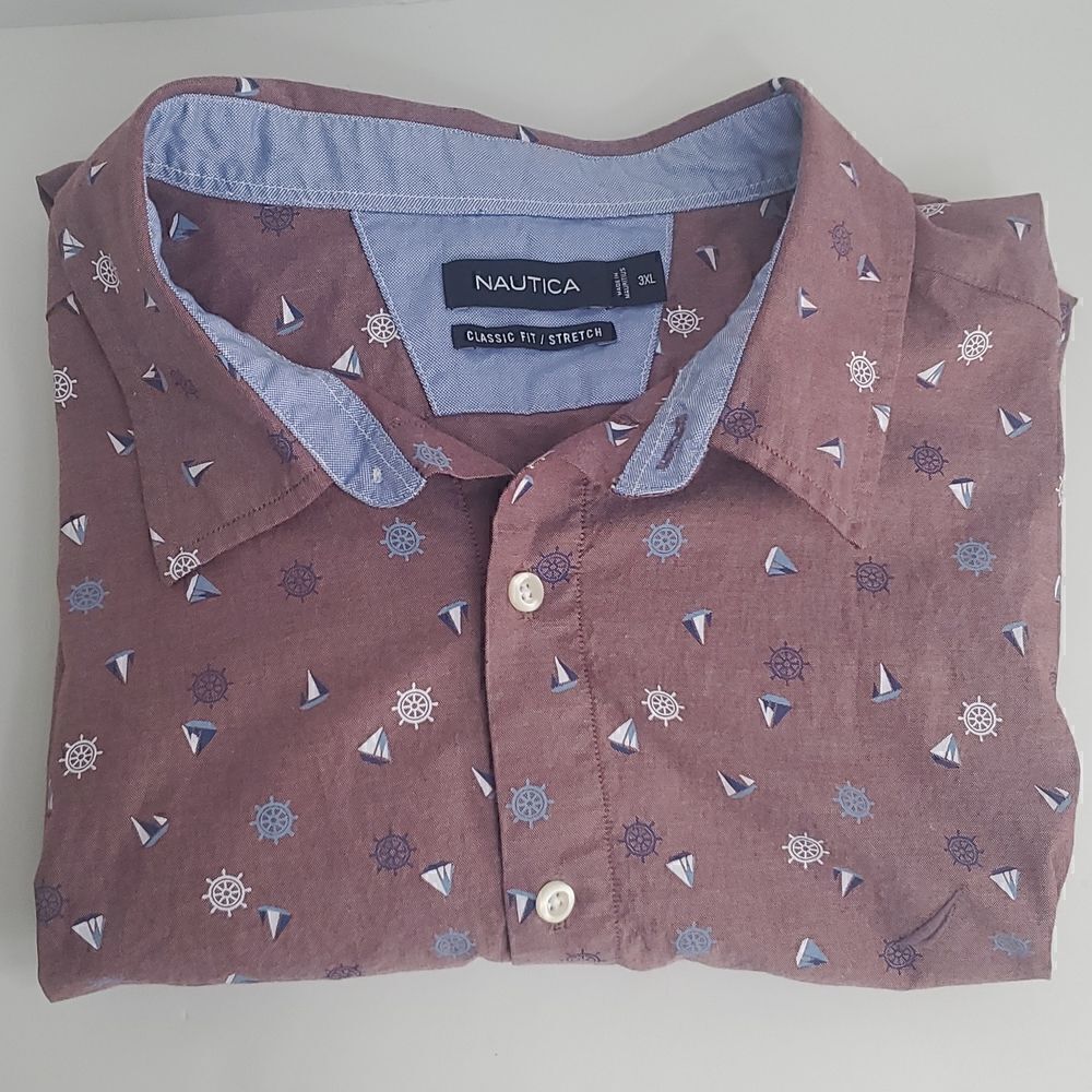 Nautica Classic Fit Stretch Oxford in Boat and Anchor Print Size 3XL